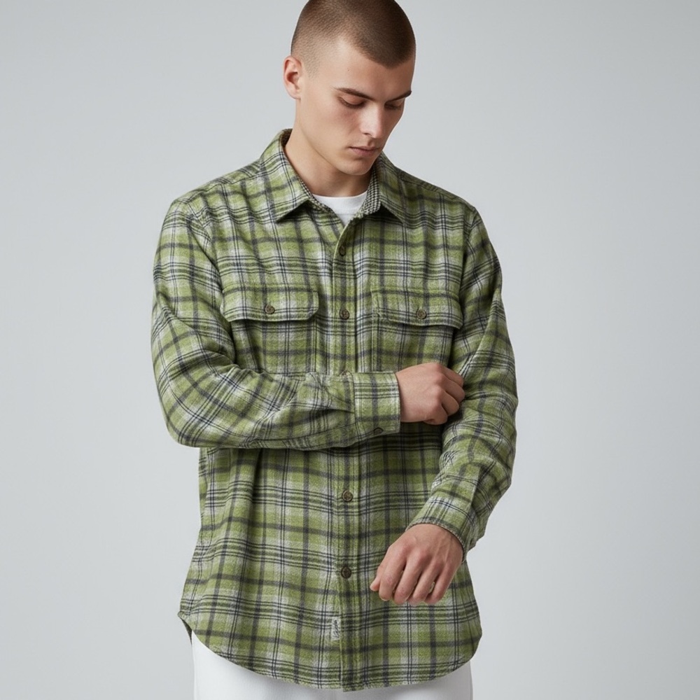 WOOLRICH - MENS SZ LARGE -‎ ORGANIC COTTON - BUTTON UP PLAID LG. SLEEVE SHIRT B1